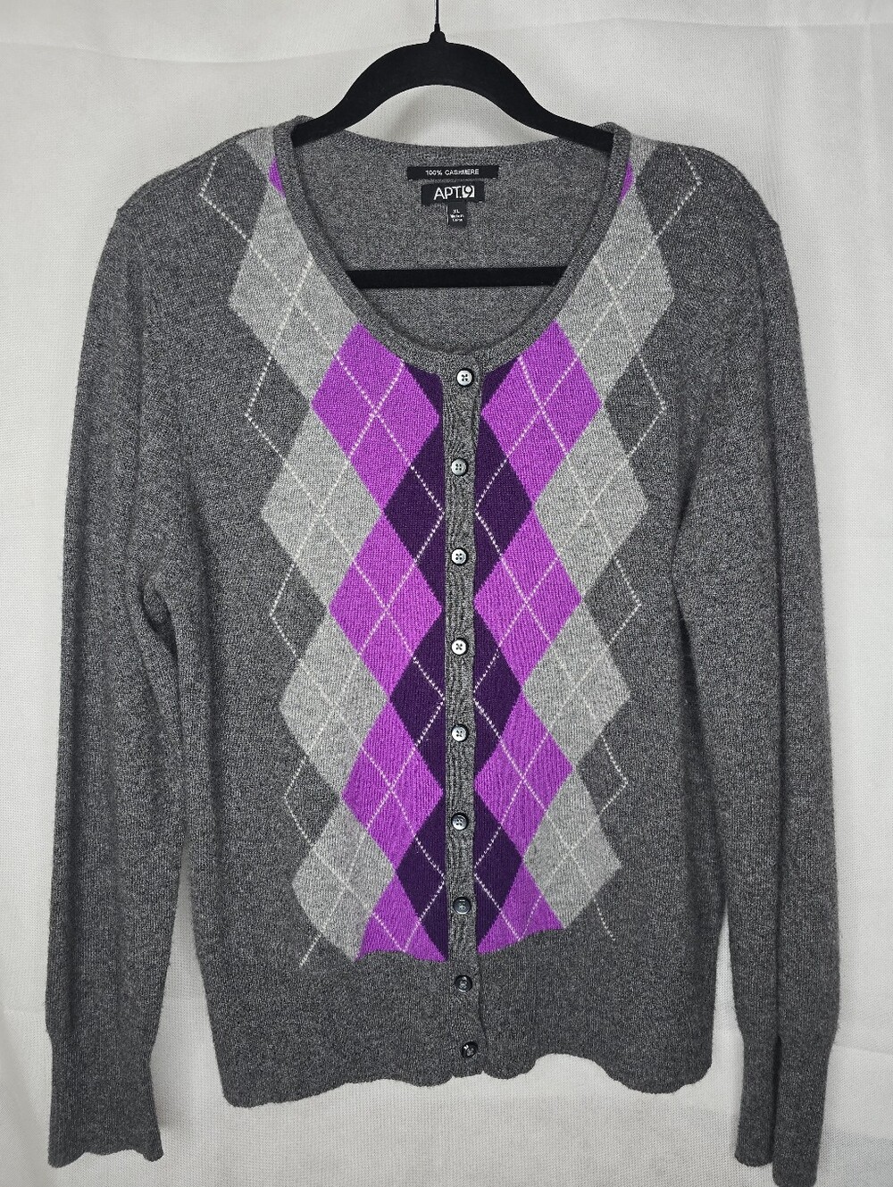 Apt 9 Cashmere Sweater Gray Purple Argyle Full Button-up Preppy Academia XL